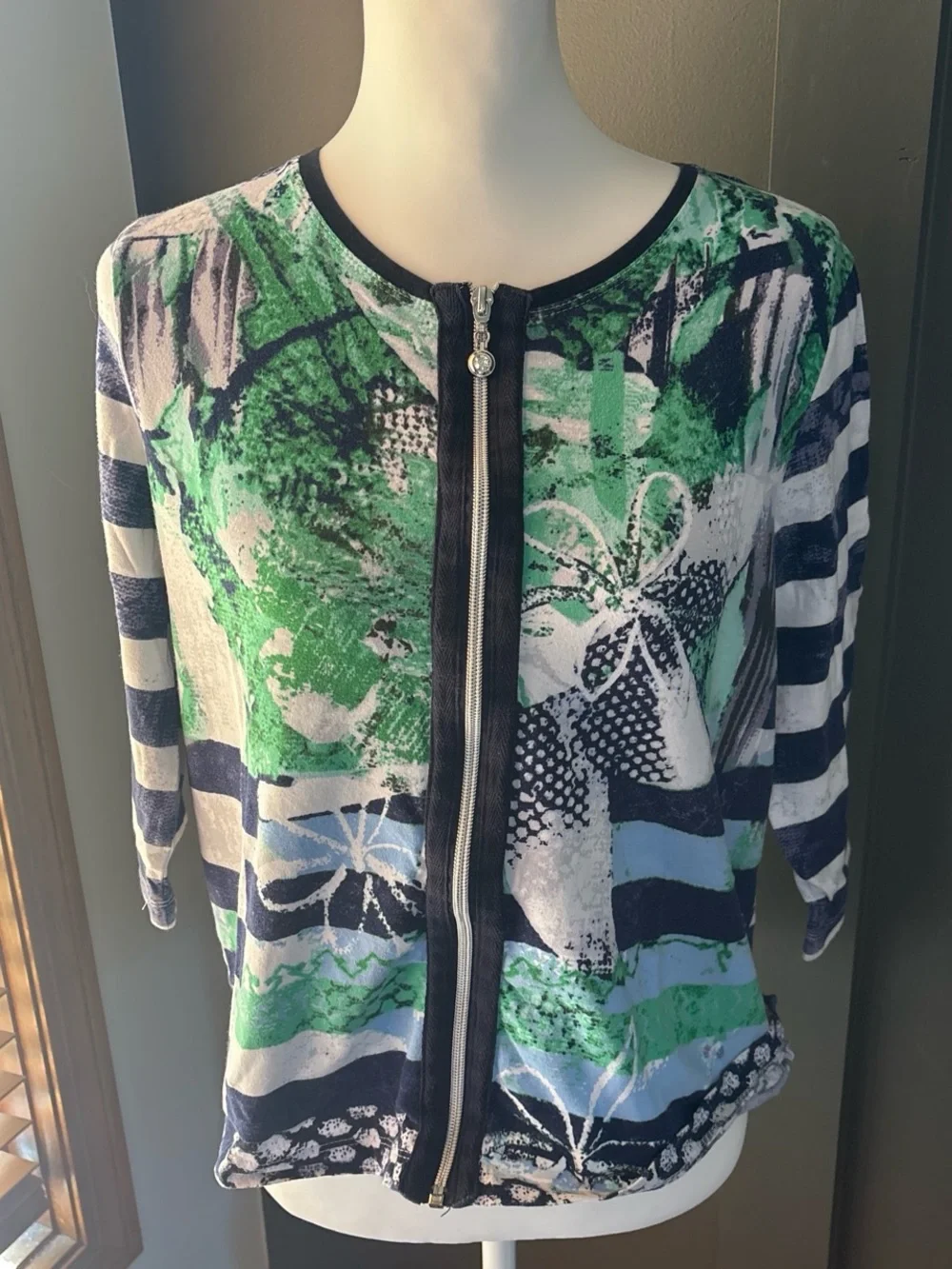 Onque Casual Zip Front Top Blue Green Stripe Floral Lightweight Jacket PM Y2K